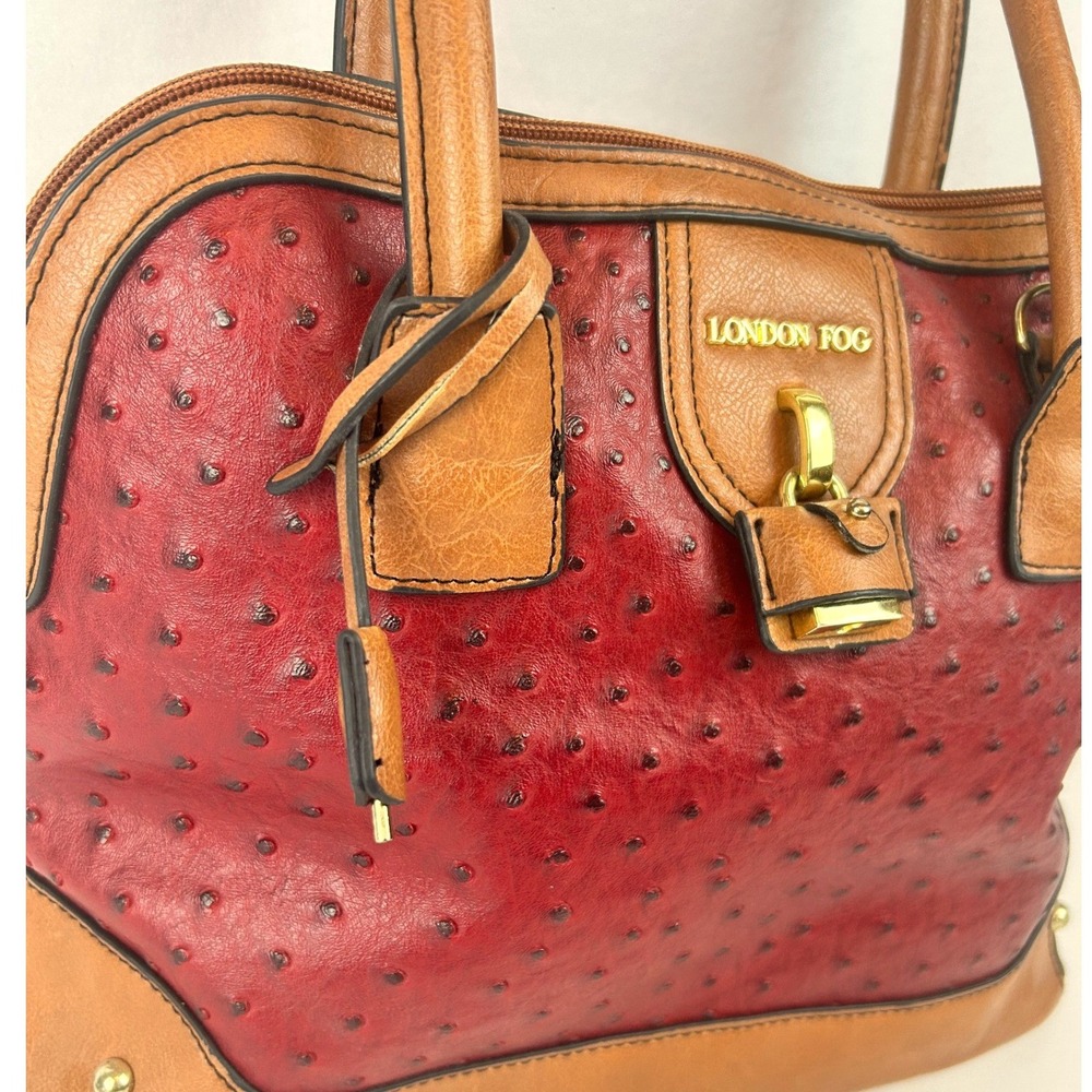 London Fog Red and Tan Two-Tone Leather Satchel with Gold Hardware